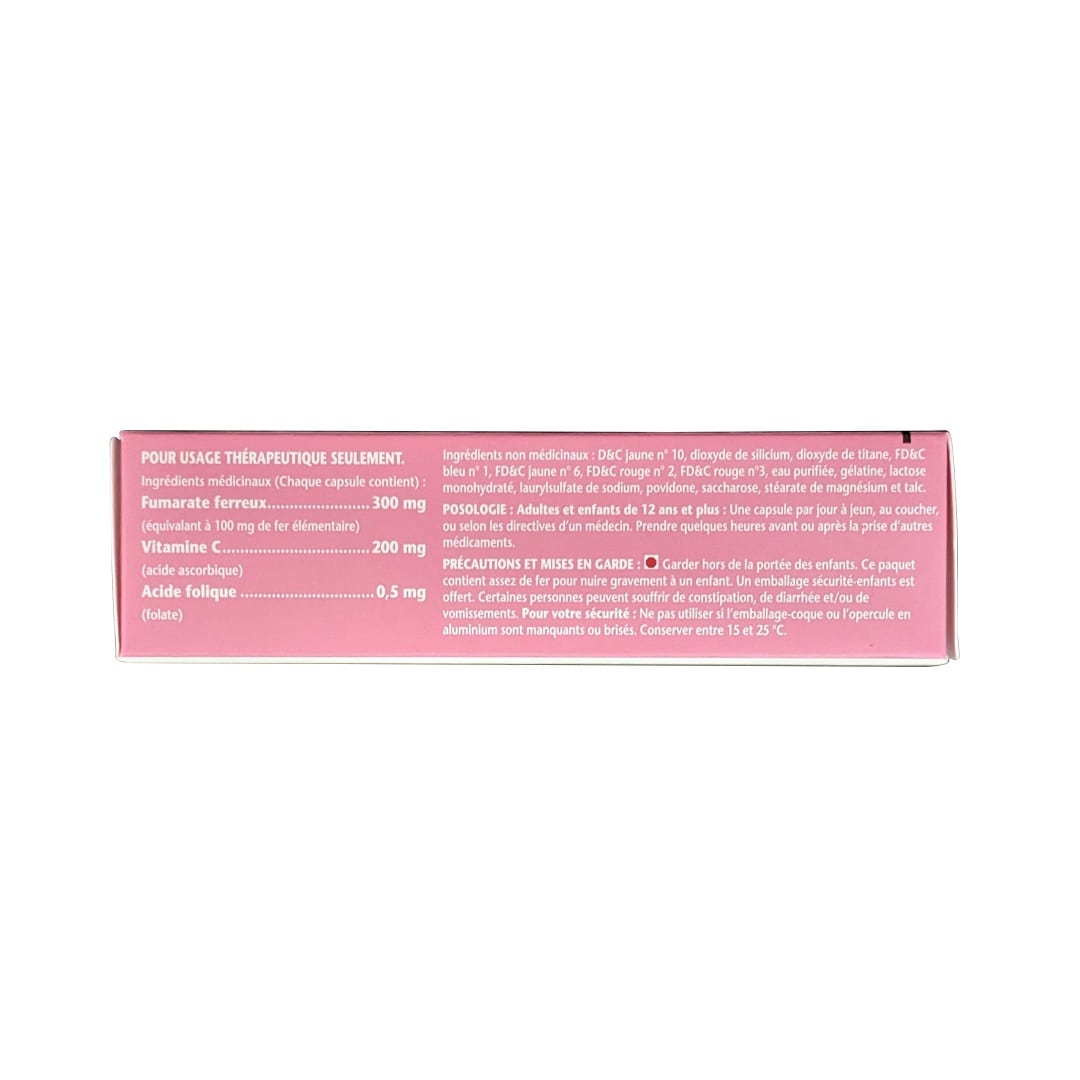 Ingredients, dose, cautions for Palafer CF Prenatal Supplement Folic Acid with Iron & Vitamin D (30 Capsules) in French