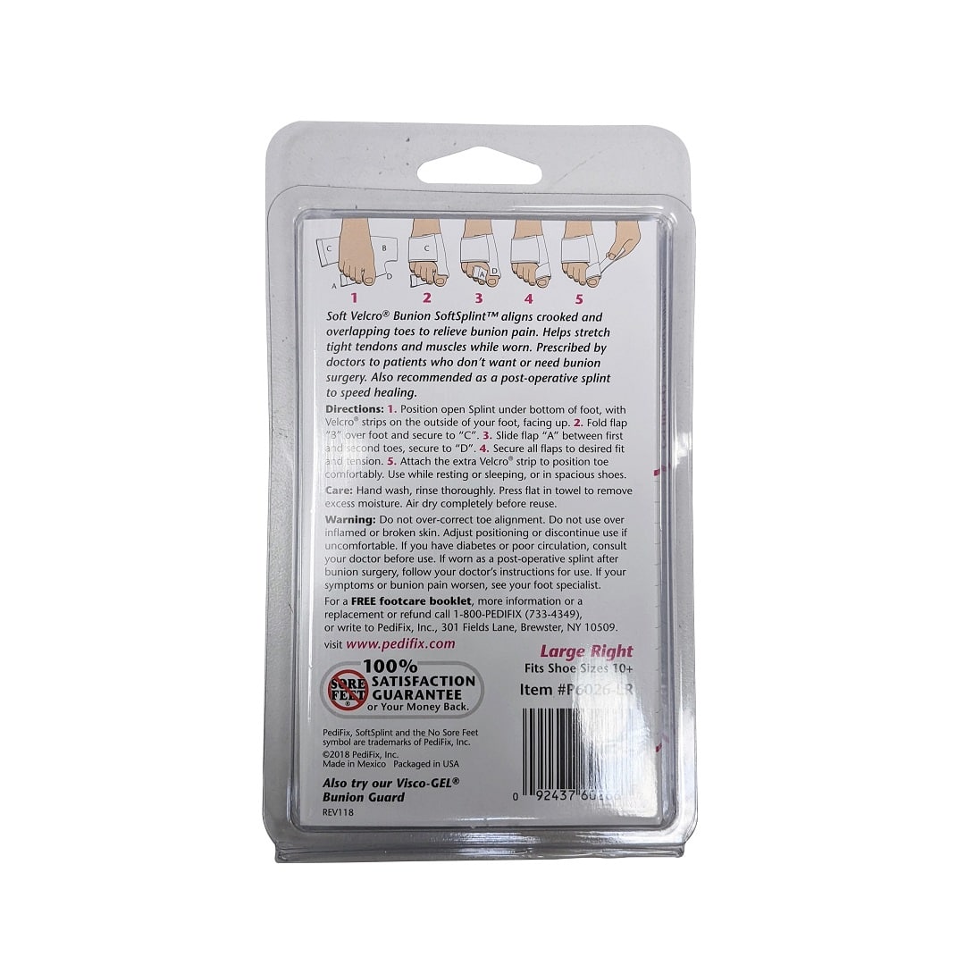 Description, directions, warnings for PediFix Bunion Soft Splint (Large) right foot