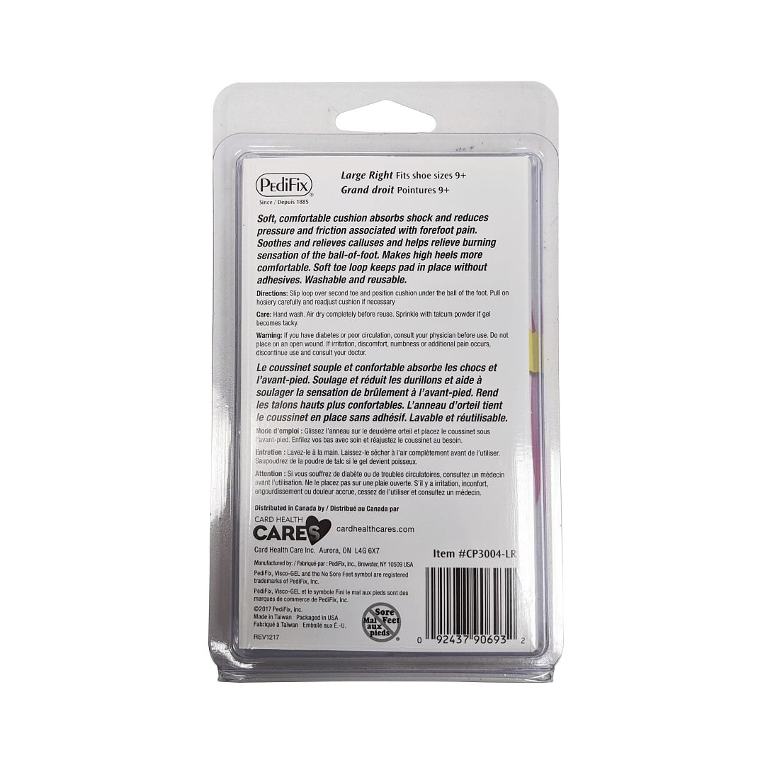 Description, directions, care, and warnings for PediFix Visco-Gel Ball-of-Foot Cushion (Large) right foot