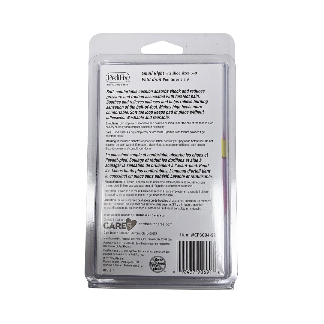 Description, directions, care, and warnings for PediFix Visco-Gel Ball-of-Foot Cushion (Small) right foot