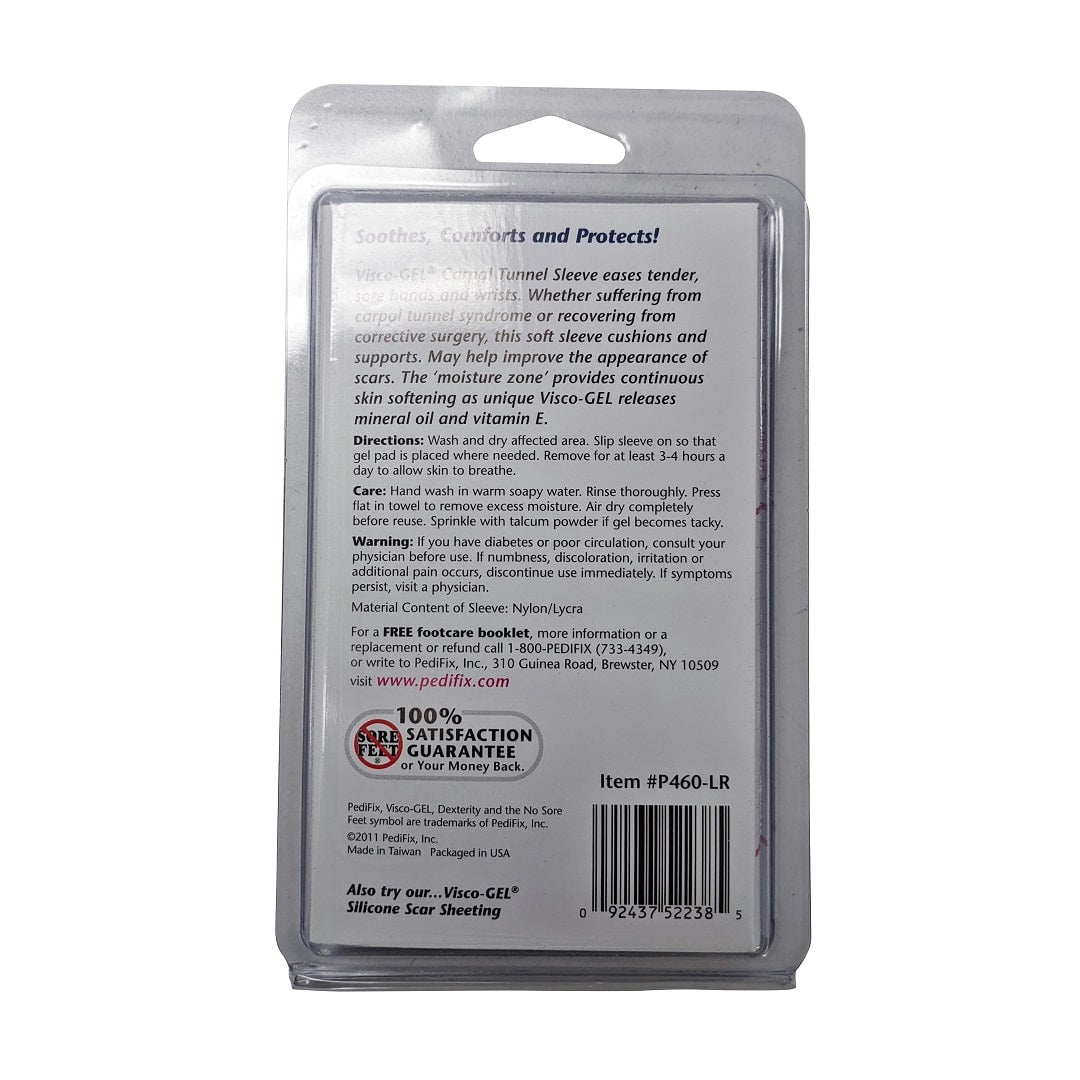 Description, directions, care, and warnings for PediFix Visco-Gel Carpal Tunnel Relief Sleeve (Large) right hand