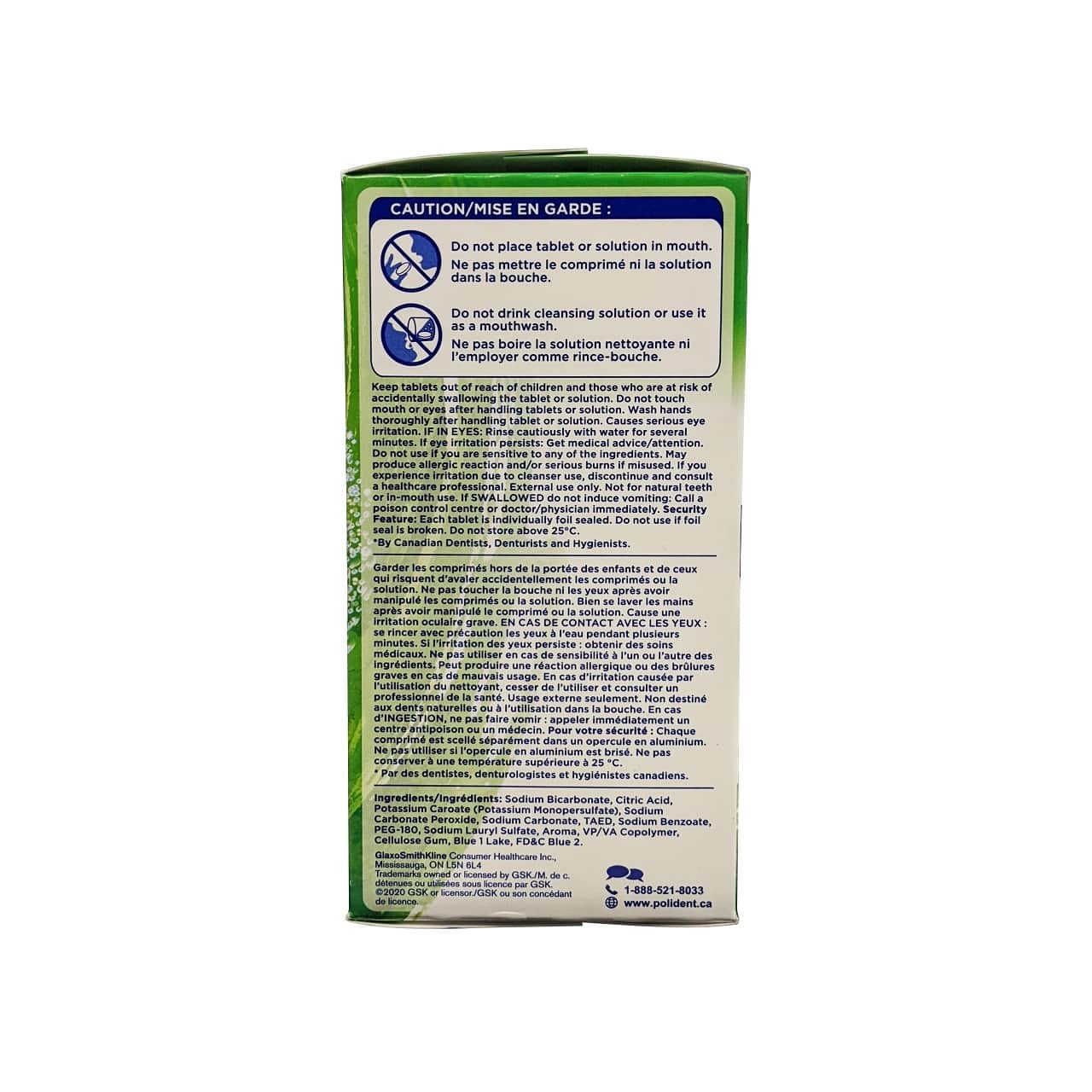 Caution and ingredients for Polident Overnight Antibacterial Cleanser Triple Mint Fresh (96 tablets)