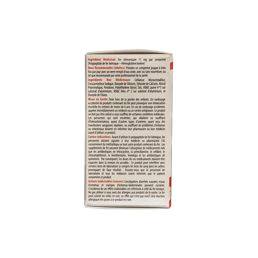 Ingredients, dose, warnings, contraindications for Proferrin Heme Iron Polypeptide Iron Supplement 11 mg (30 tablets) in French