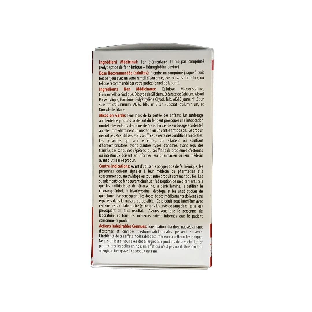 Ingredients, dose, warnings, for Proferrin Heme Iron Polypeptide Iron Supplement 11 mg (90 tablets) in French