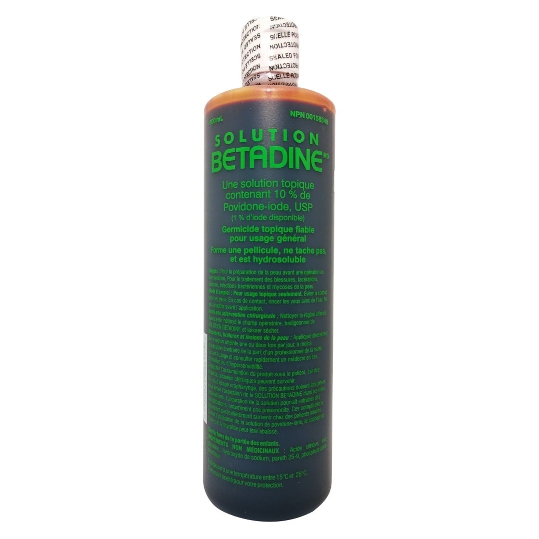 Product label, use, directions, ingredients for Betadine 10% Solution 500 ML in French