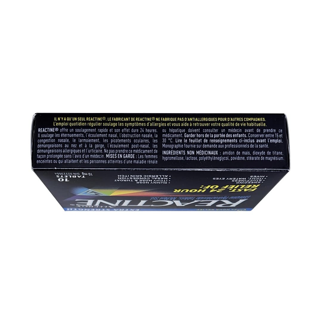 Description and ingredients for Reactine Extra Strength Cetirizine Hydrochloride 10mg (10 tablets) in French