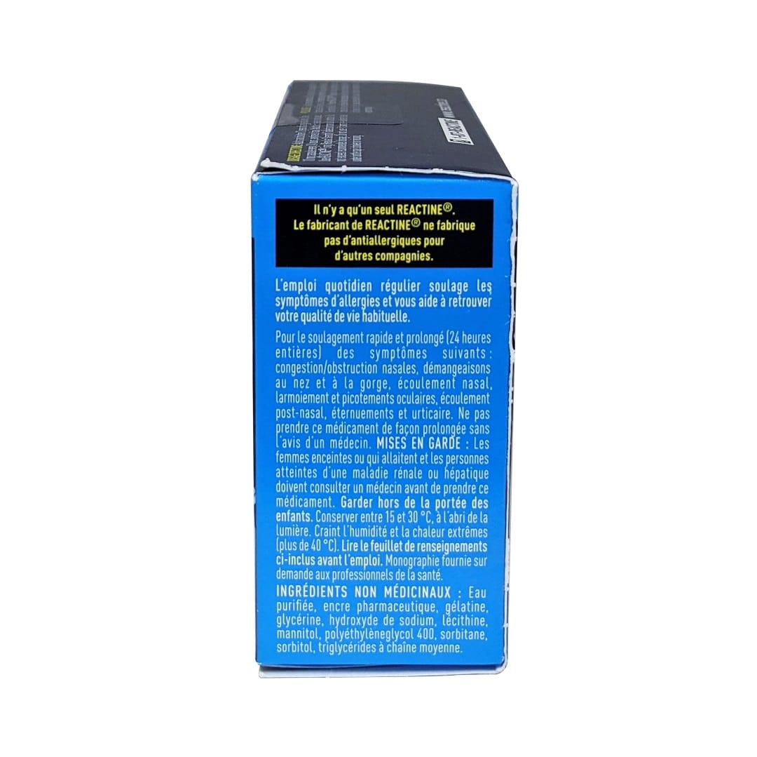 Details, ingredients, and caution for Reactine Extra Strength Cetirizine Hydrochloride 10mg 40 caps in French