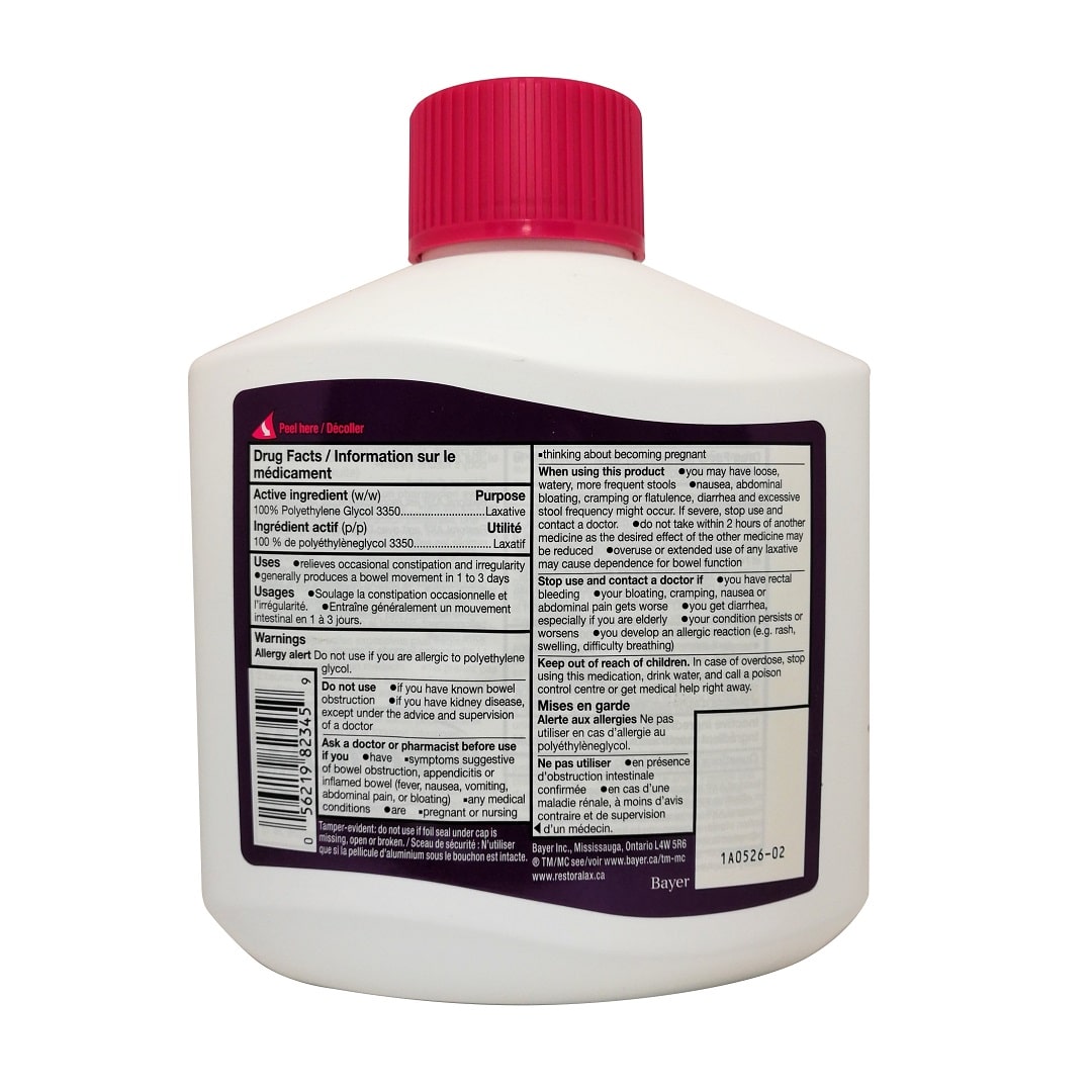 Ingredients, warnings, and uses for RestoraLAX Laxative Powder (765g, 45 doses)