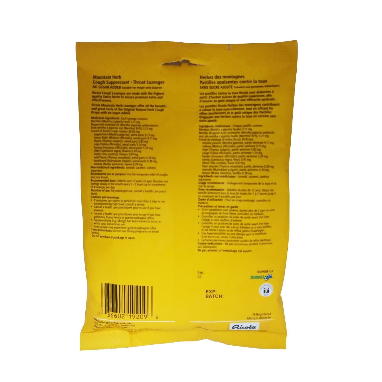 Ingredients, purpose, dose, warnings for Ricola Mountain Herb (19 lozenges)