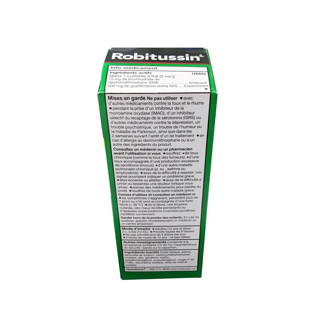 Ingredients, warnings, and directions for Robitussin Extra Strength Cough Control for 6 Hours Relief (100 mL) in French