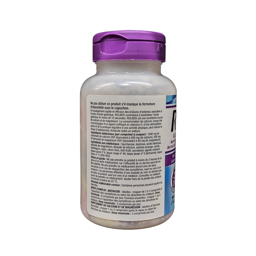 Descriptions, ingredients, warnings, directions for Rolaids Ultra Strength Antacid (Assorted Fruit Flavour) (72 chewable tablets) in French