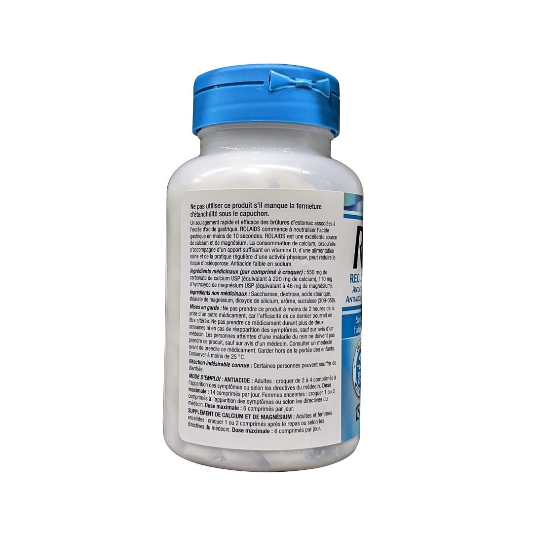 Description, directions, ingredients, cautions for Rolaids Regular Strength Antacid (150 chewable tablets) in French