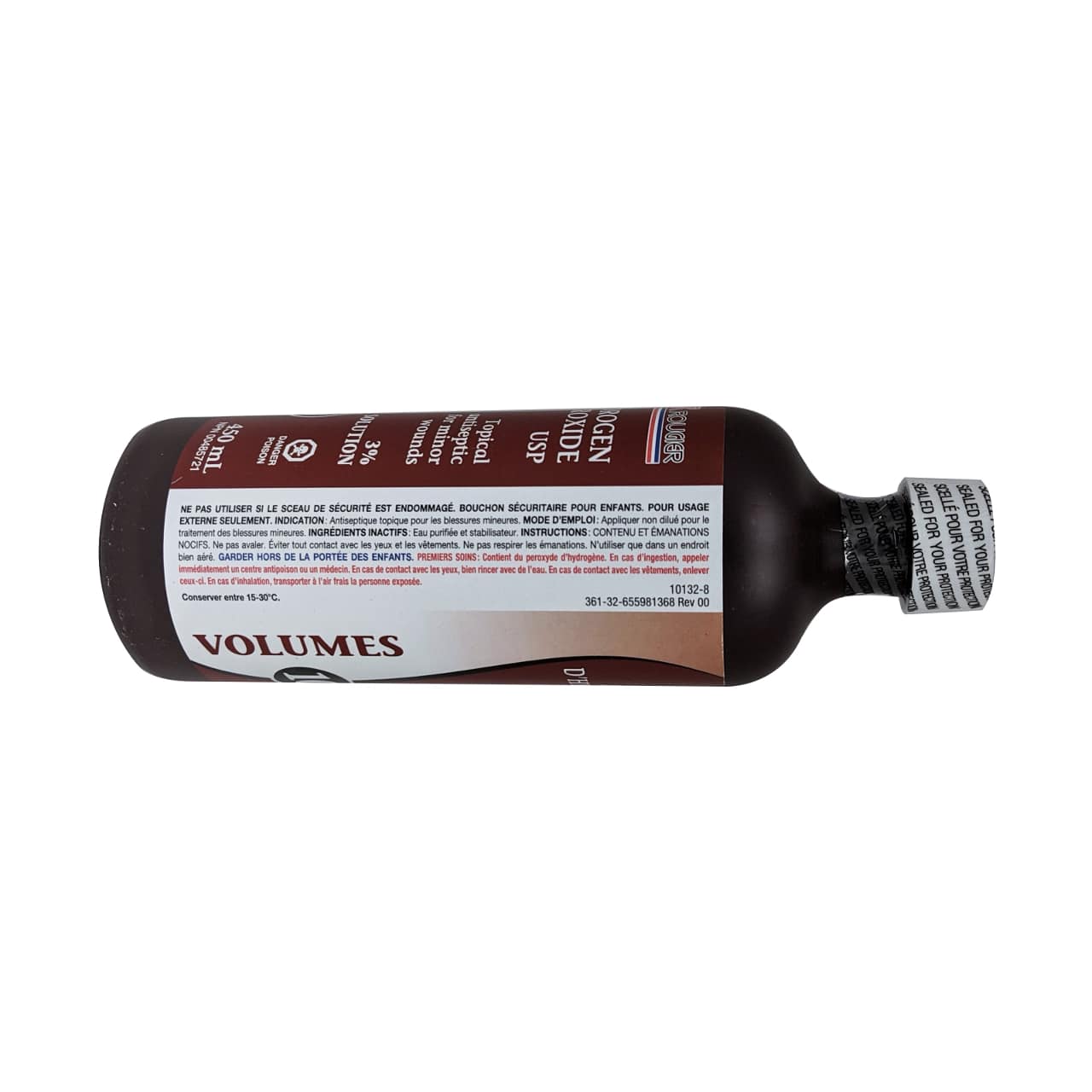 Indication, ingredients, instructions, and caution for Rougier Pharma Hydrogen Peroxide USP 3% Solution in French