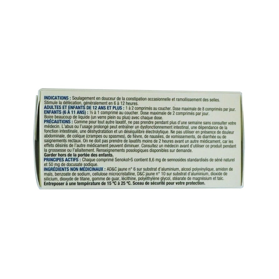 Indications, dose, precautions, and ingredients for Senokot-S Natural Laxative Tablets 60s in French