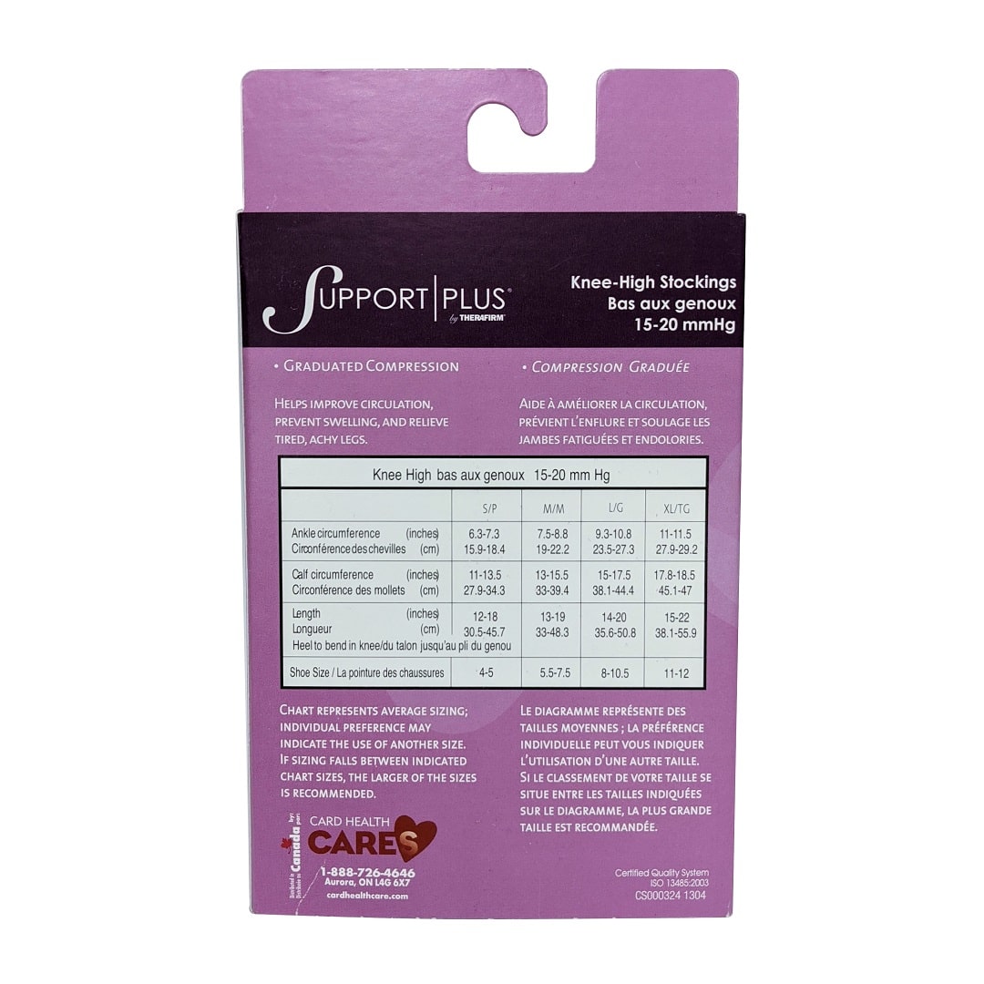Description and sizing chart for Support Plus by Therafirm 15-20 mmHg - Knee High Stockings / Natural
