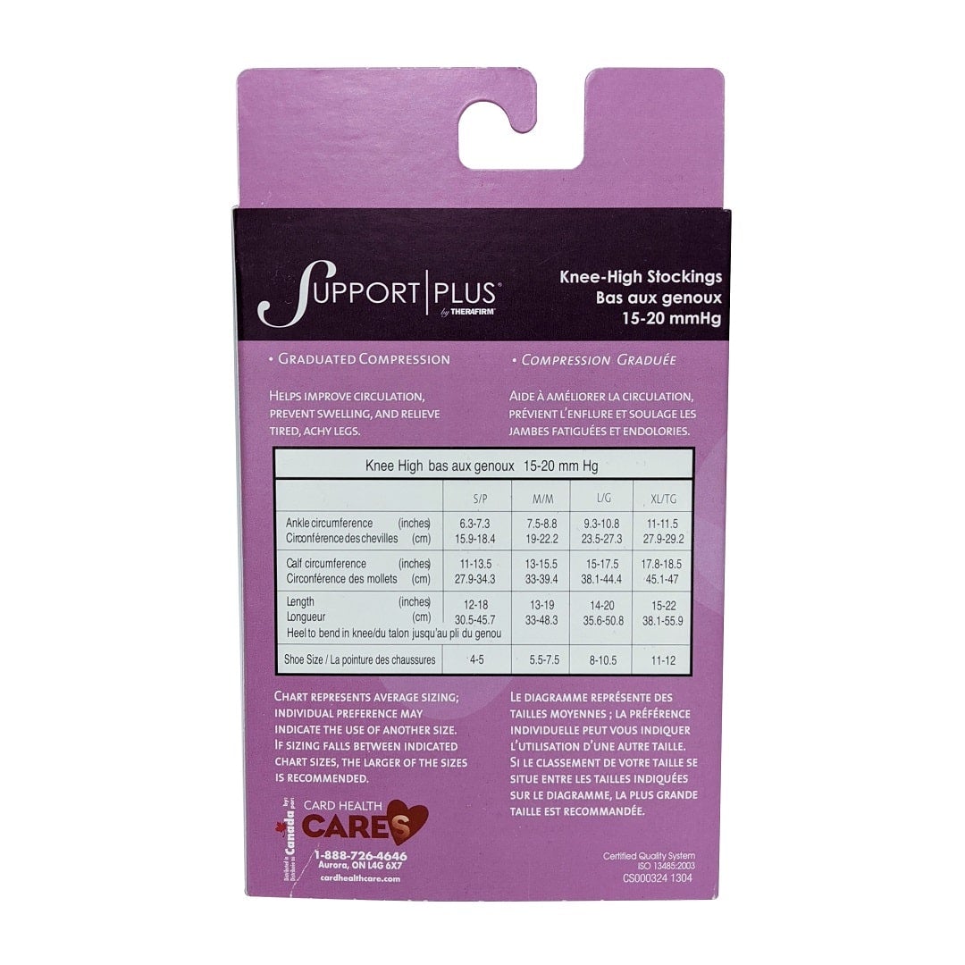 Description and sizing chart for Support Plus by Therafirm 15-20 mmHg - Knee High Stockings / Natural