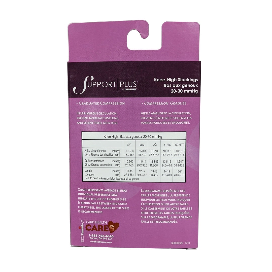 Description and size chart for Support Plus by Therafirm 20-30 mmHg - Knee High Stockings / Black