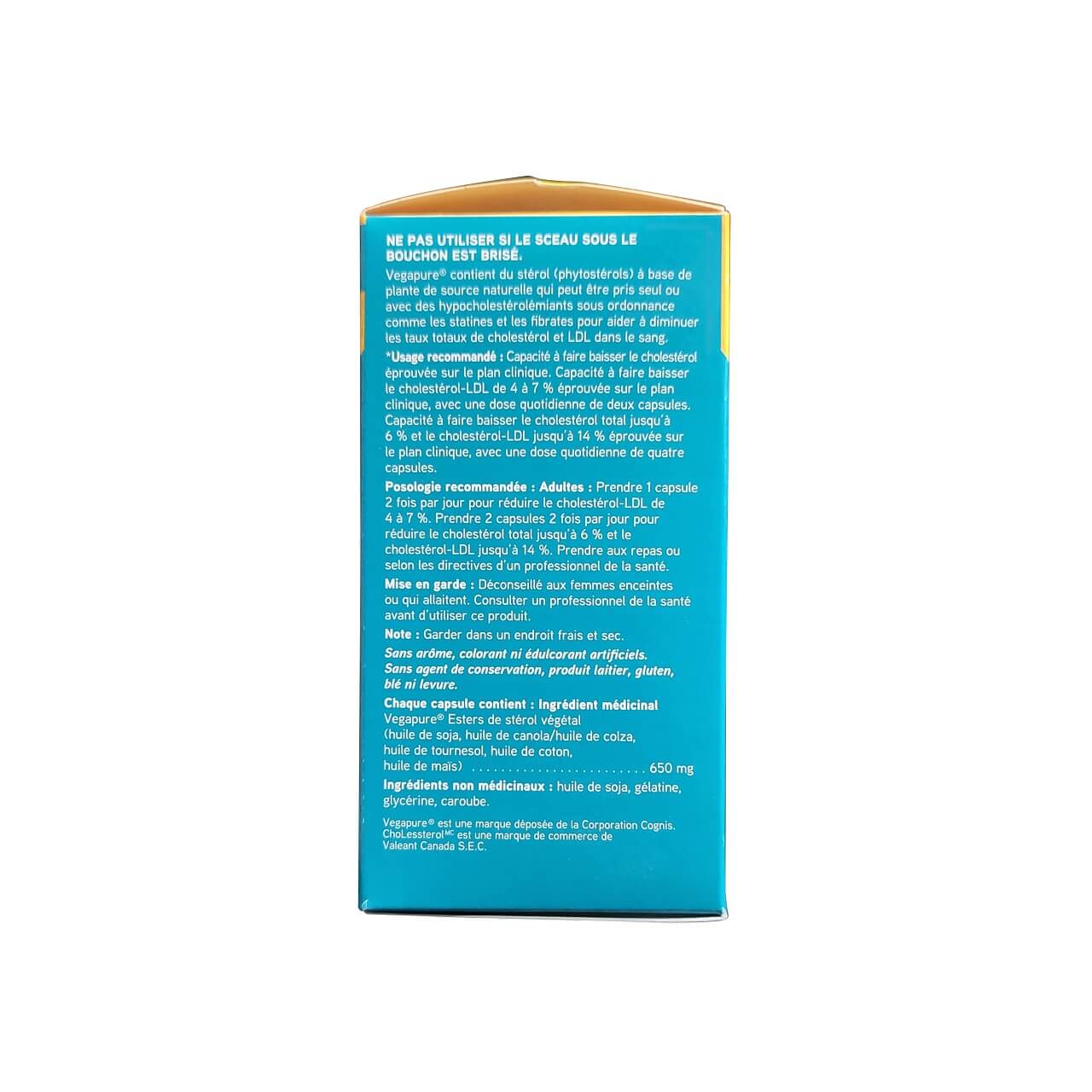 Description, uses, dose, ingredients for Swiss Natural ChoLessterol with Vegapure (50 softgels) in French