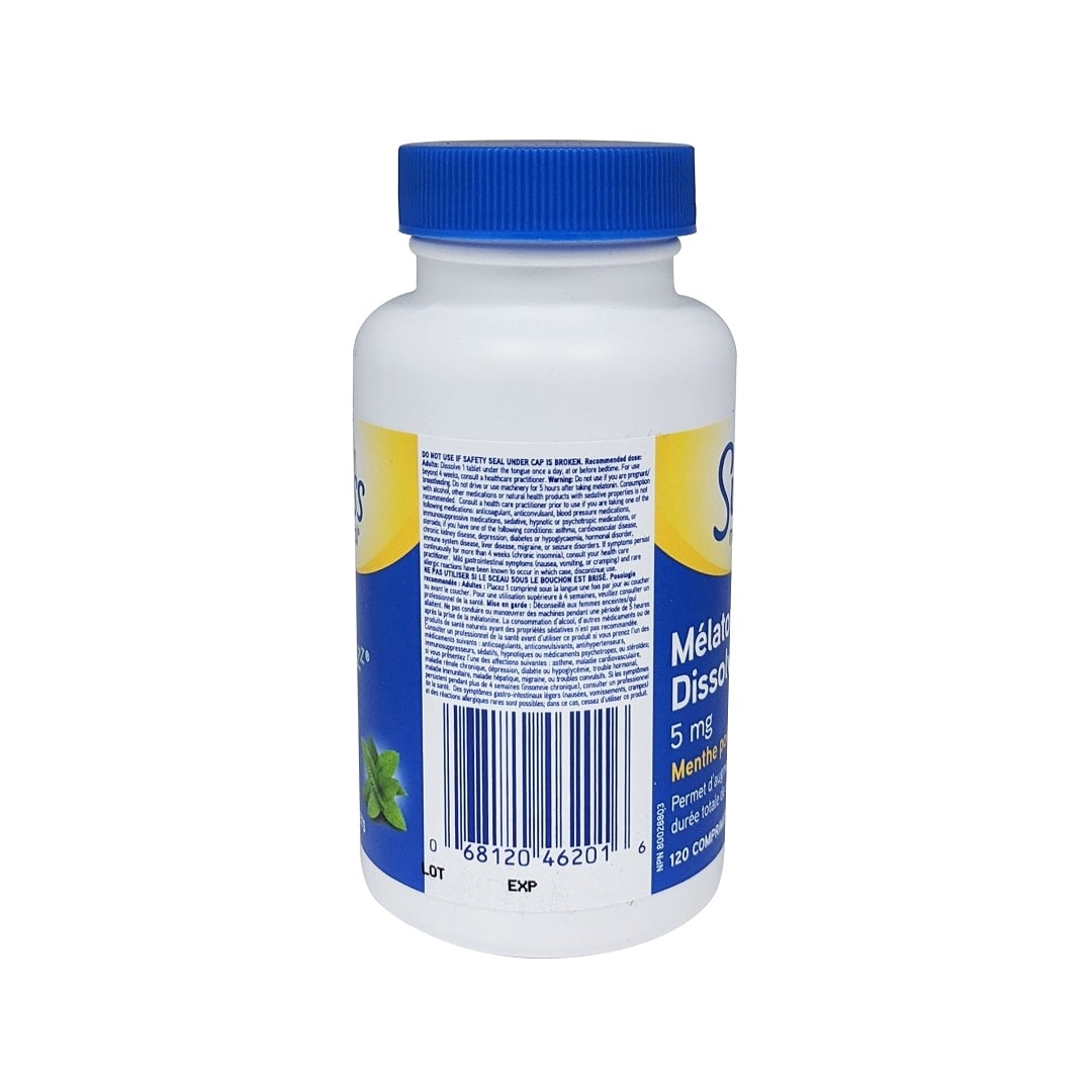 Warnings, dose, and use for Swiss Natural Melatonin Disolvezzz 5mg Peppermint (120 tablets) in French