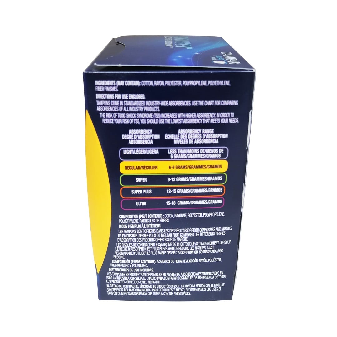 Ingredients, directions, and absorbency chart for Tampax Pocket Pearl Regular Absorbency (18 count)
