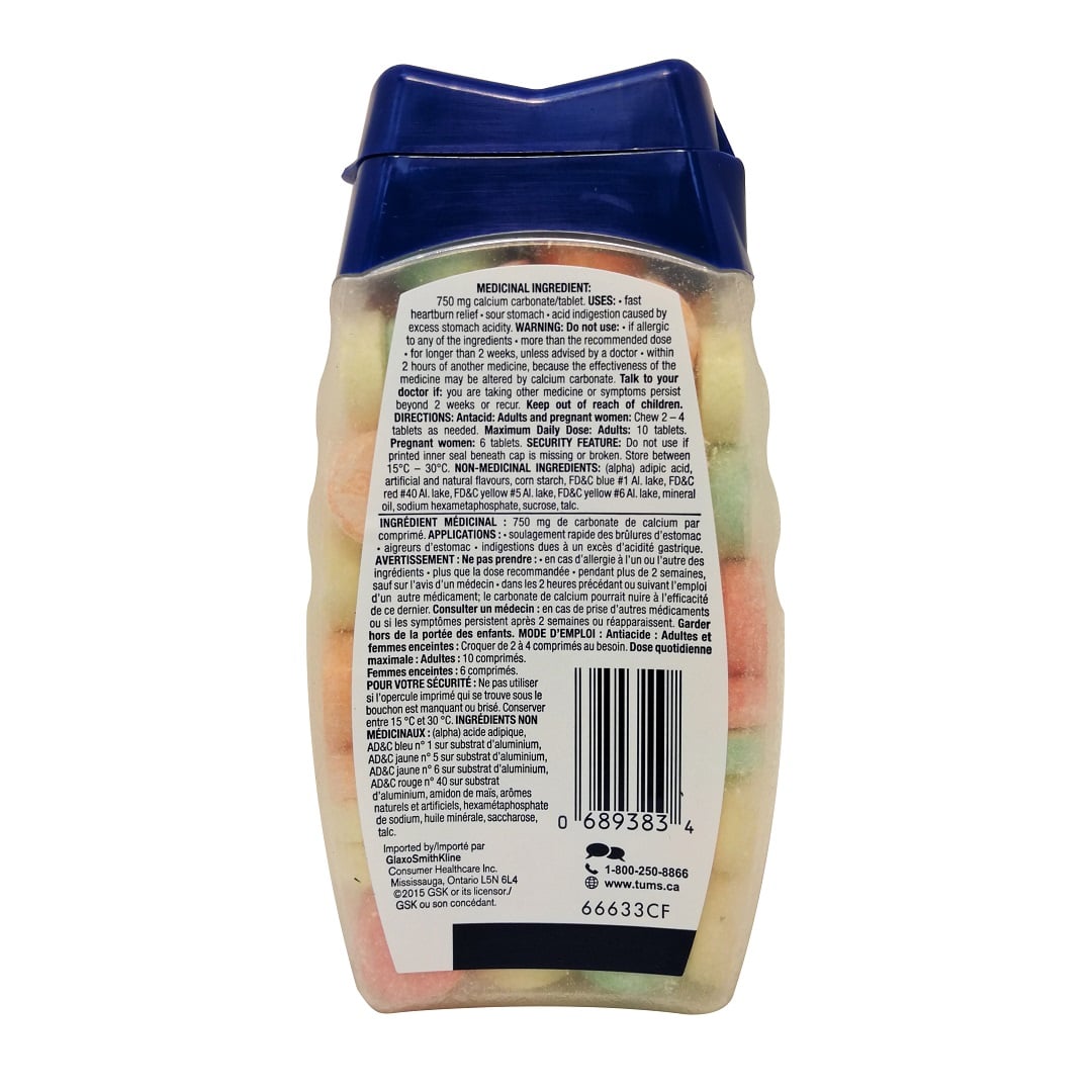 Ingredients, uses, cautions for Tums Extra Strength Antacid 750mg Calcium Carbonate (Assorted Fruit Flavours) 100 tablets