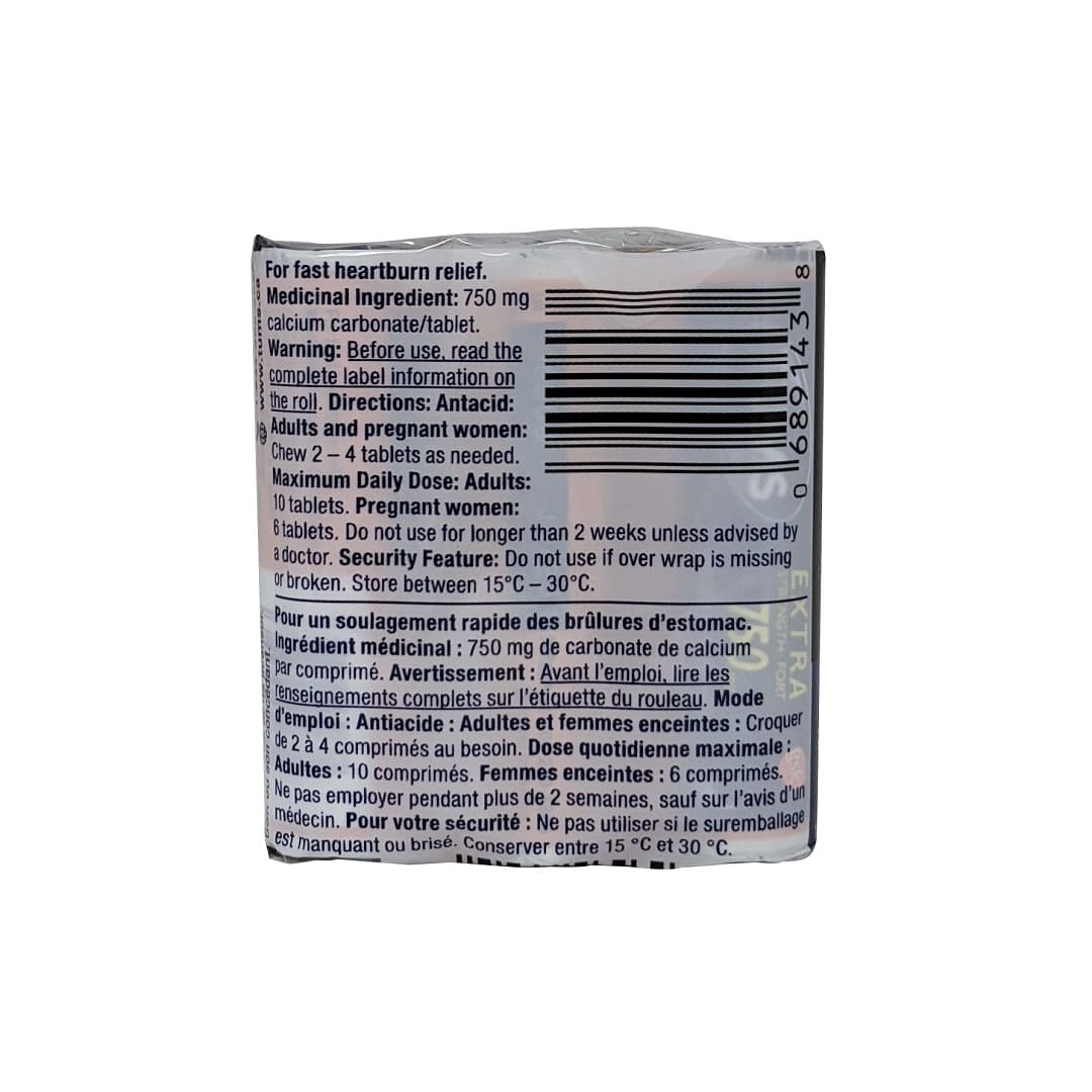 Ingredients, warnings, and dose for Tums Extra Strength Antacid 750mg Calcium Carbonate (Assorted Fruit Flavours) (3 Rolls x 8 Tablets)