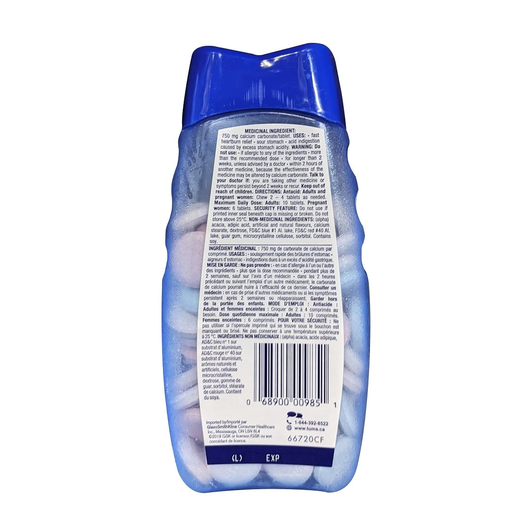 Ingredients, uses, warnings, directions for Tums Smoothies Extra Strength Antacid Tablets 750mg (Berry Fusion Flavours) (140 tablets)