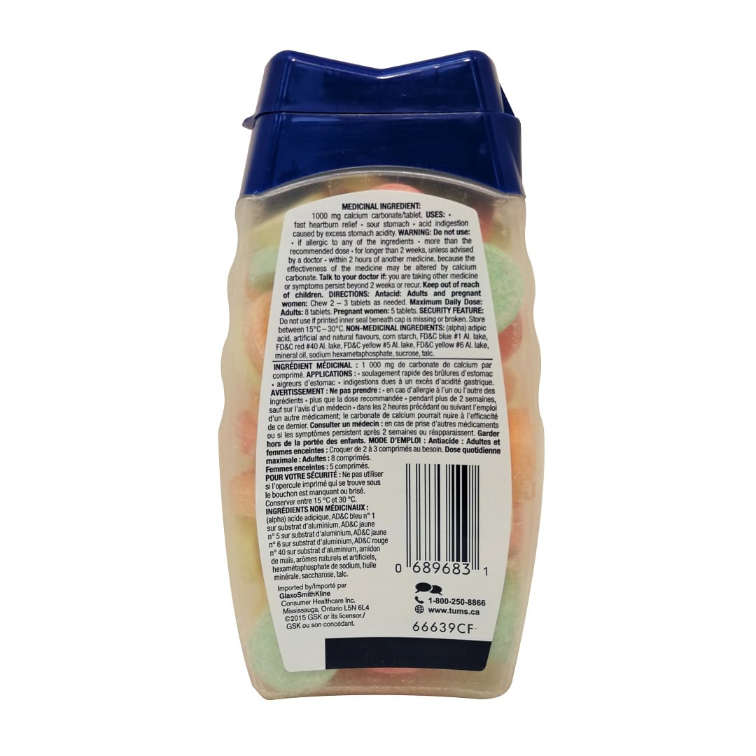 Ingredients, uses, directions, and dosage for Tums Ultra Strength Antacid 1000mg Calcium Carbonate (Assorted Fruit Flavours) (72 chewable tablets)