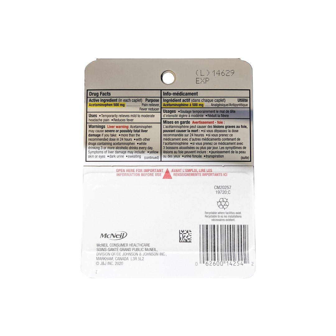 Ingredients, warnings, uses for Tylenol Extra Strength Acetaminophen 500mg (10 caplets)