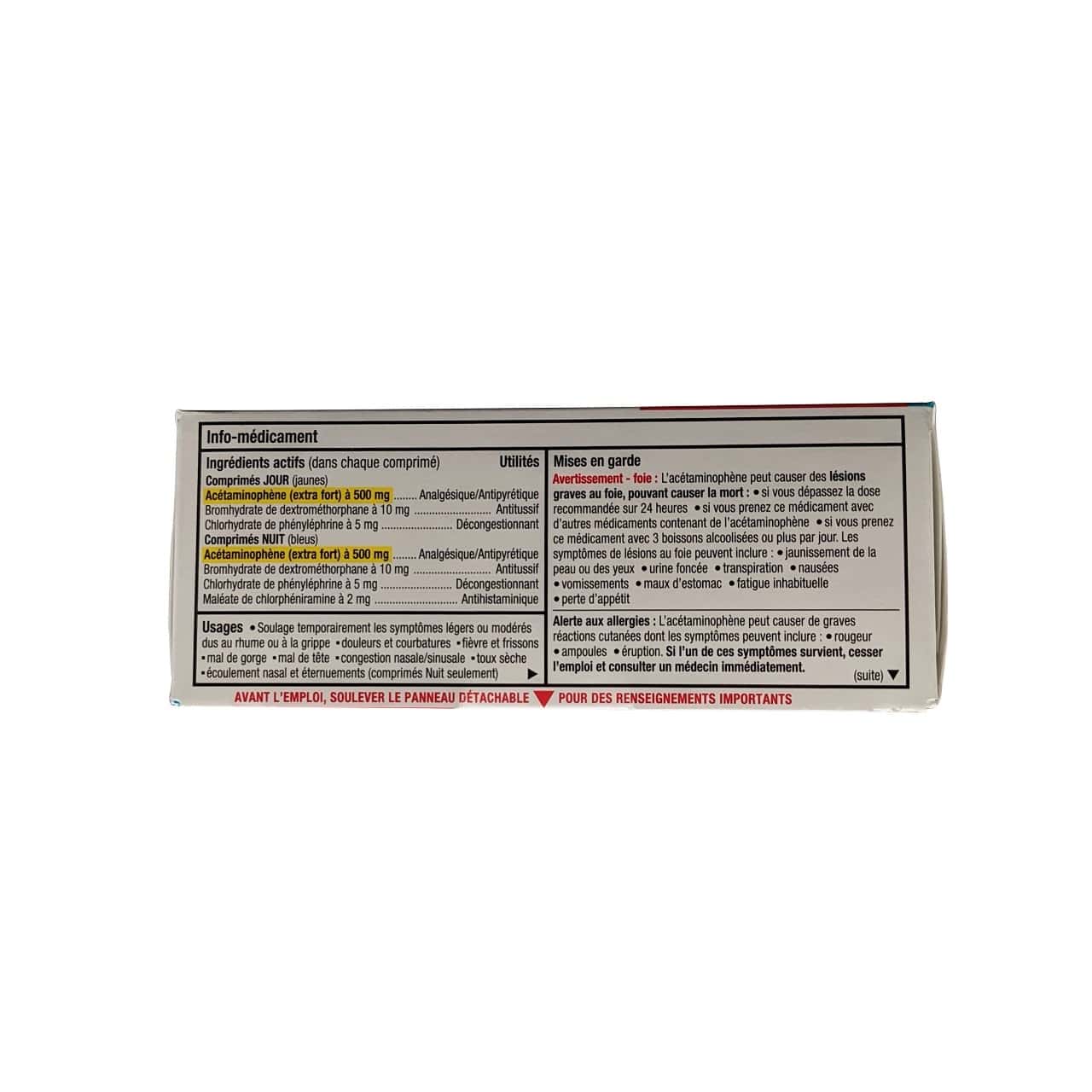 Ingredients, uses, and warnings for Tylenol Cold Extra Strength Daytime and Nighttime (40 eZ Tablets) in French