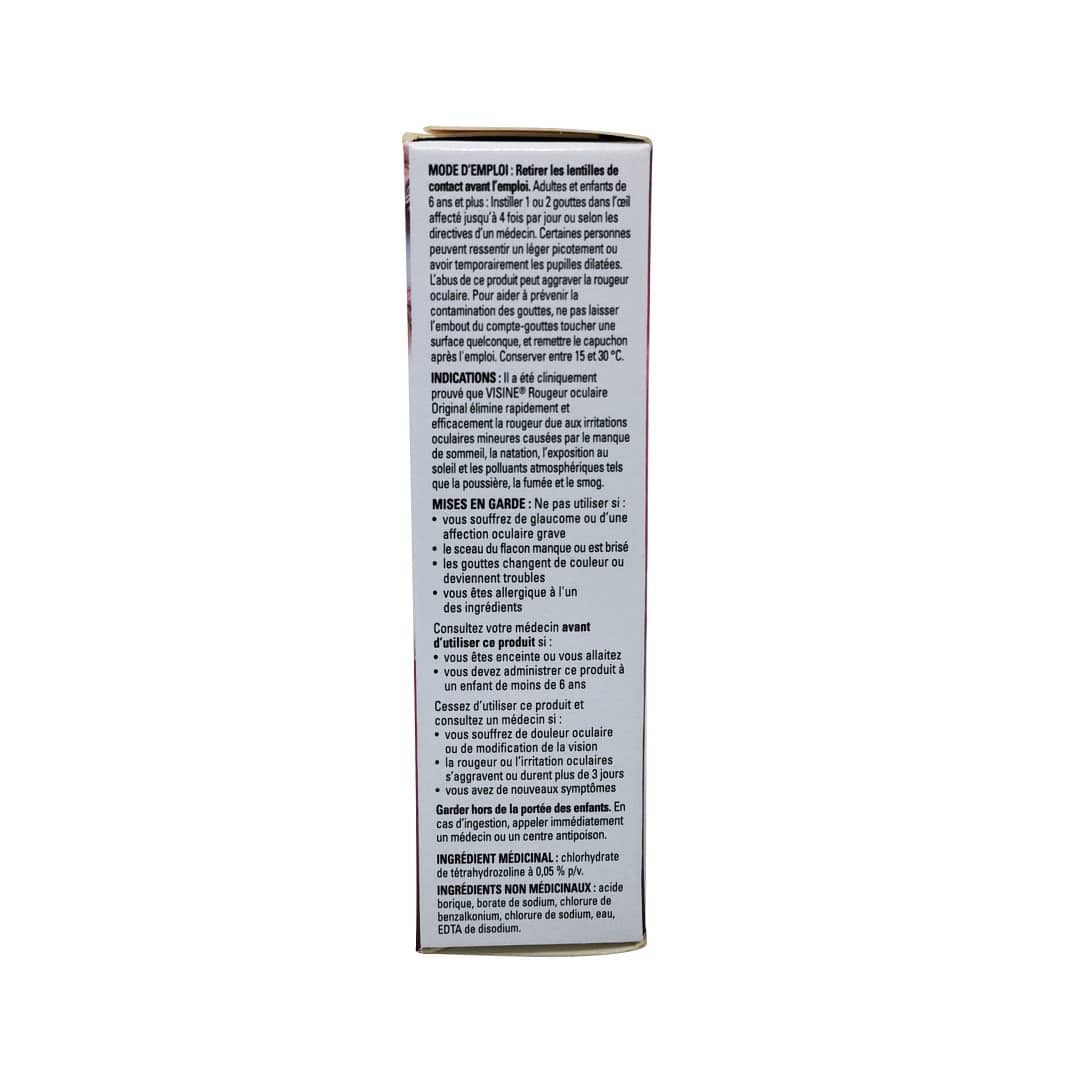 Directions, uses, cautions, and ingredients for Visine Red Eye Original Eye Drops (15 mL) in French