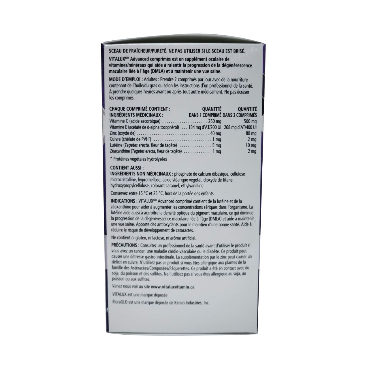 Product details, directions, ingredients, and warnings for Alcon Vitalux Advanced AREDS2 Formula in French