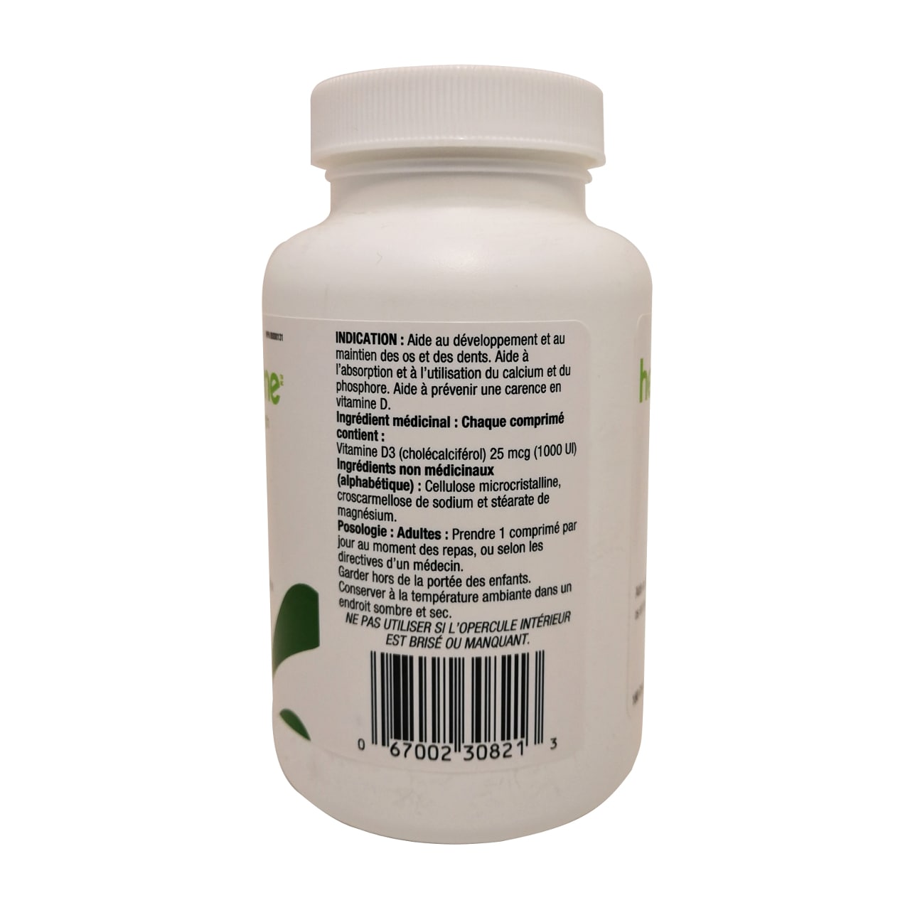 Indication, ingredients, and directions for health One Vitamin D3 Extra Strength 1000IU in French