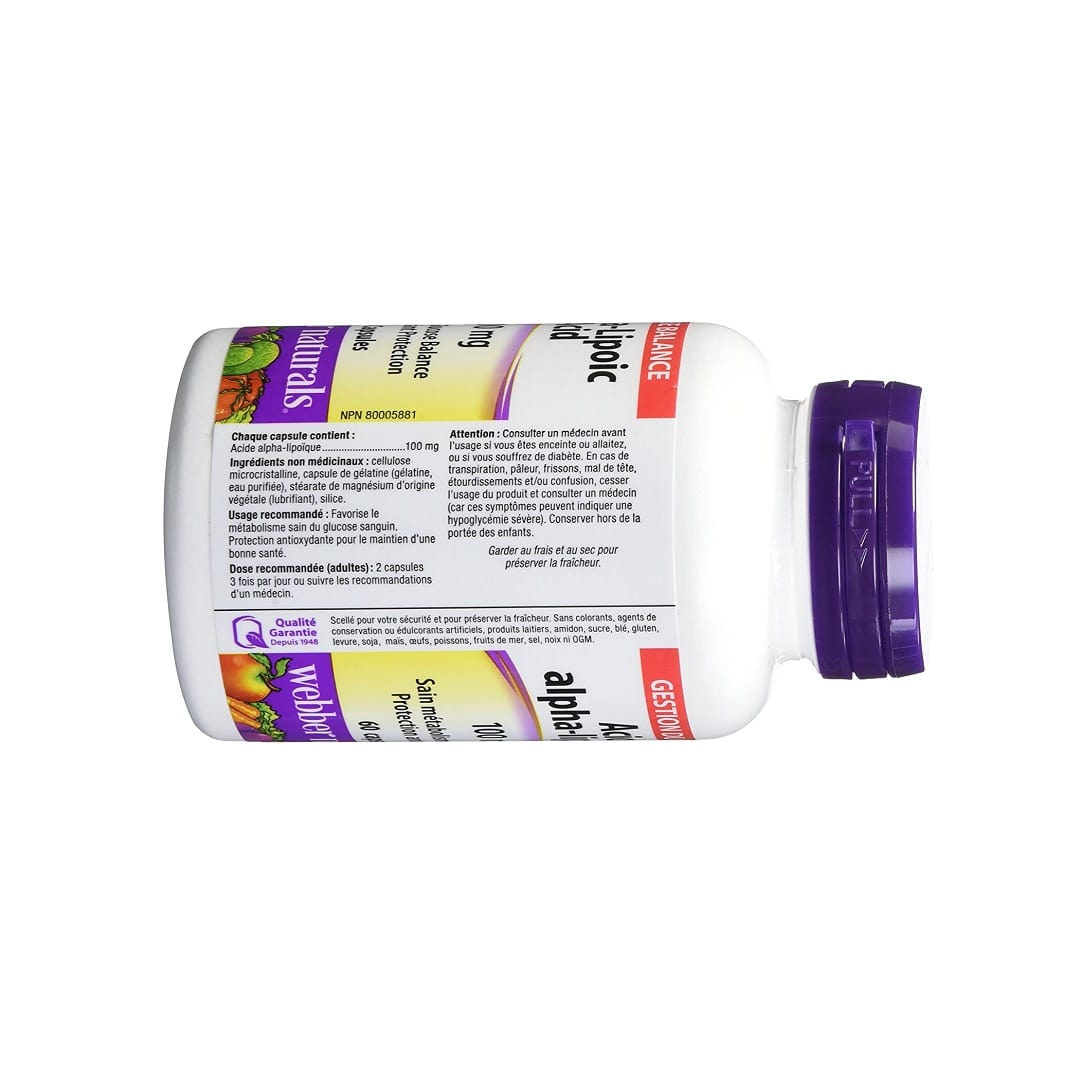 Ingredients, purpose, cautions for webber naturals Alpha-Lipoic Acid 100 mg (60 capsules) in French