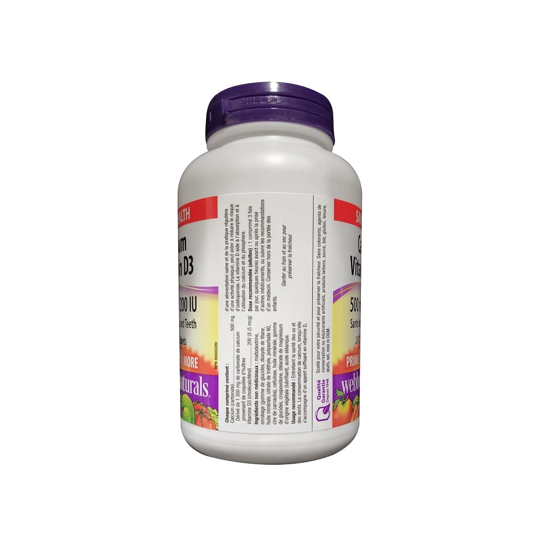 Ingredients, purpose, dose for webber naturals Calcium (500 mg) with Vitamin D3 (200 IU) (275 tablets) (10 % Bonus) in French