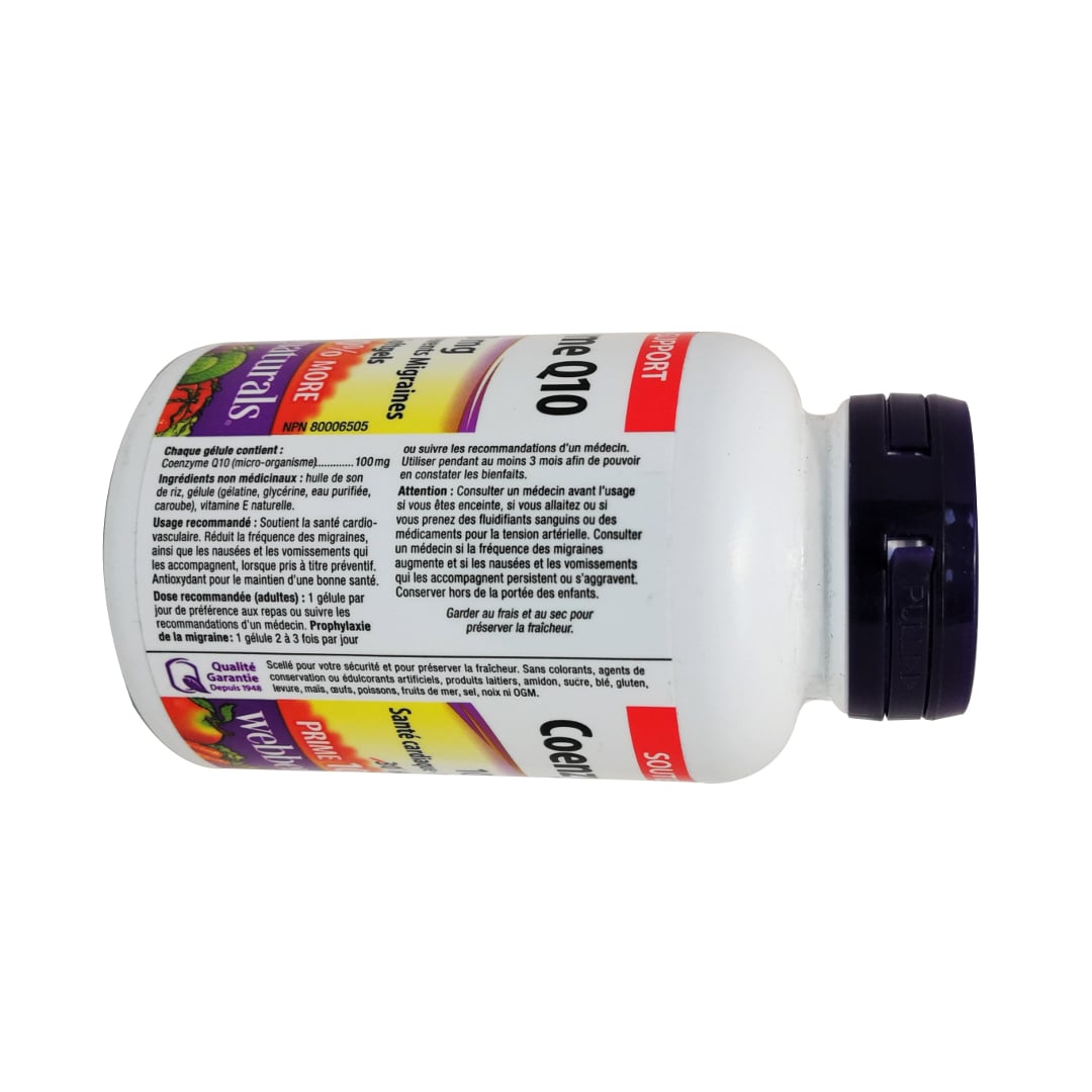Product ingredients, purpose, and dosage for webber naturals Coenzyme Q10 100mg in French
