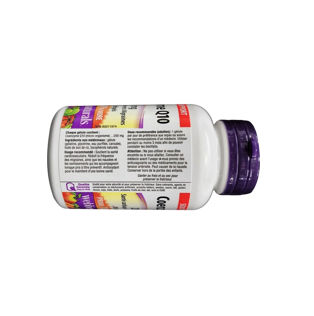 Ingredients, uses, cautions for webber naturals Coenzyme Q10 200 mg (60 softgels) (100% Bonus) in French