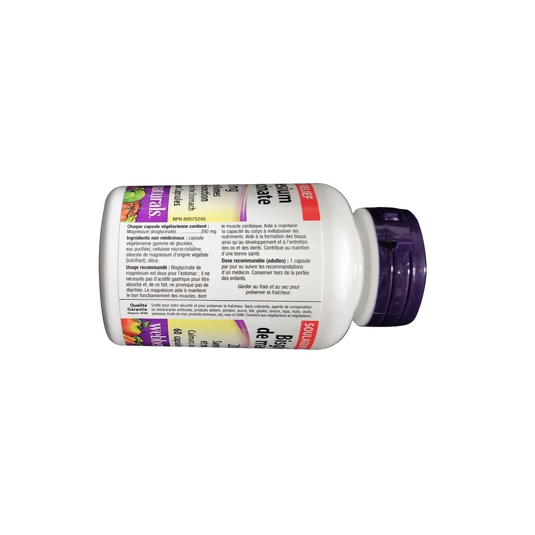 Ingredients, purpose, dose for webber naturals Magnesium Bisglycinate 200 mg (60 capsules) in French