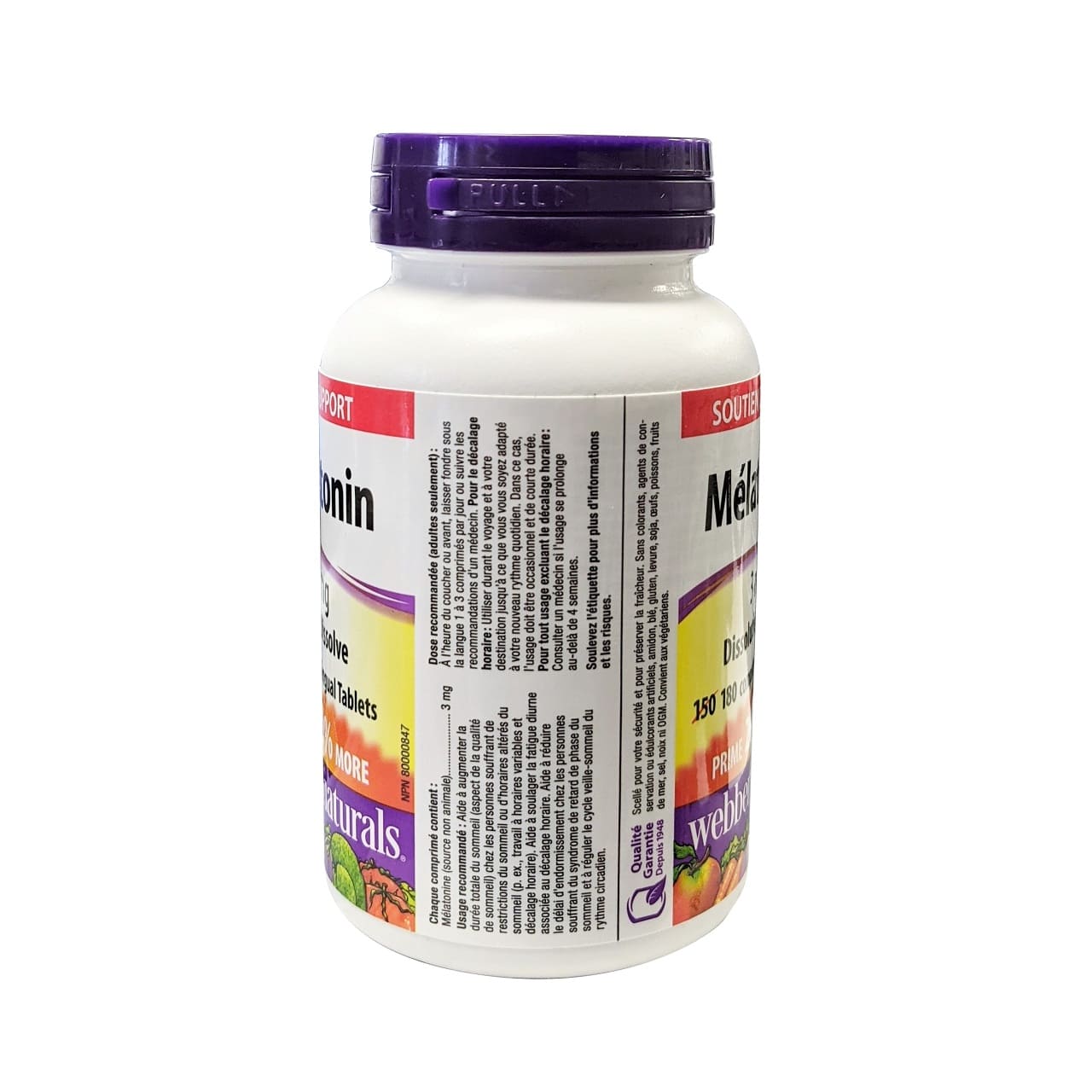 Ingredients, purpose, and dosage for webber naturals Melatonin 3mg (180 sublingual tablets) (20% bonus) in French