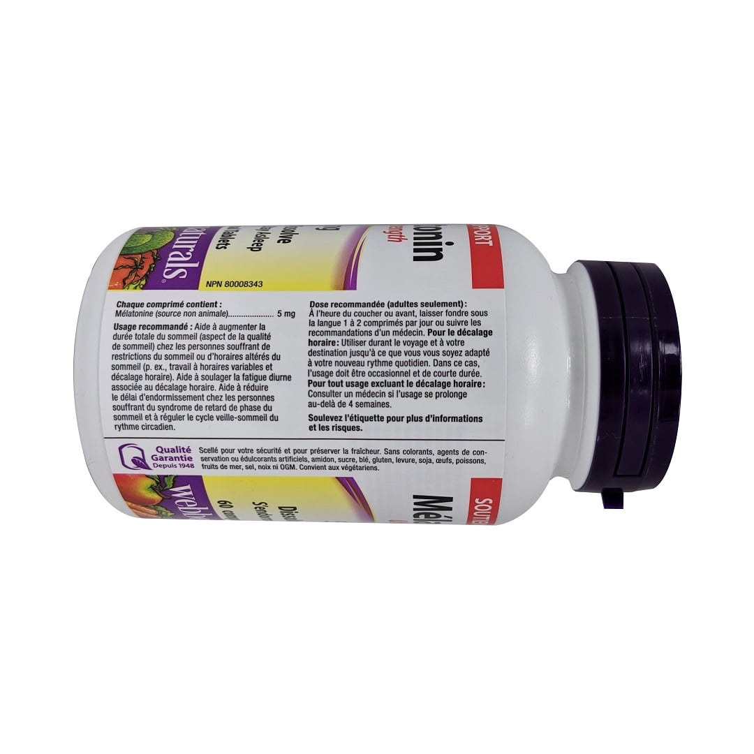 Ingredients, purpose, dose for webber naturals Melatonin Extra Strength 5mg Quick Dissolve (60 sublingual tablets) in French