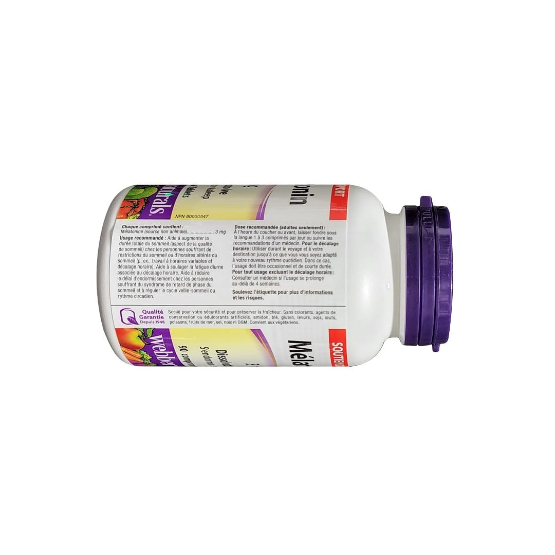 Ingredients, purpose, dose for webber naturals Melatonin 3mg (90 sublingual tablets) in French