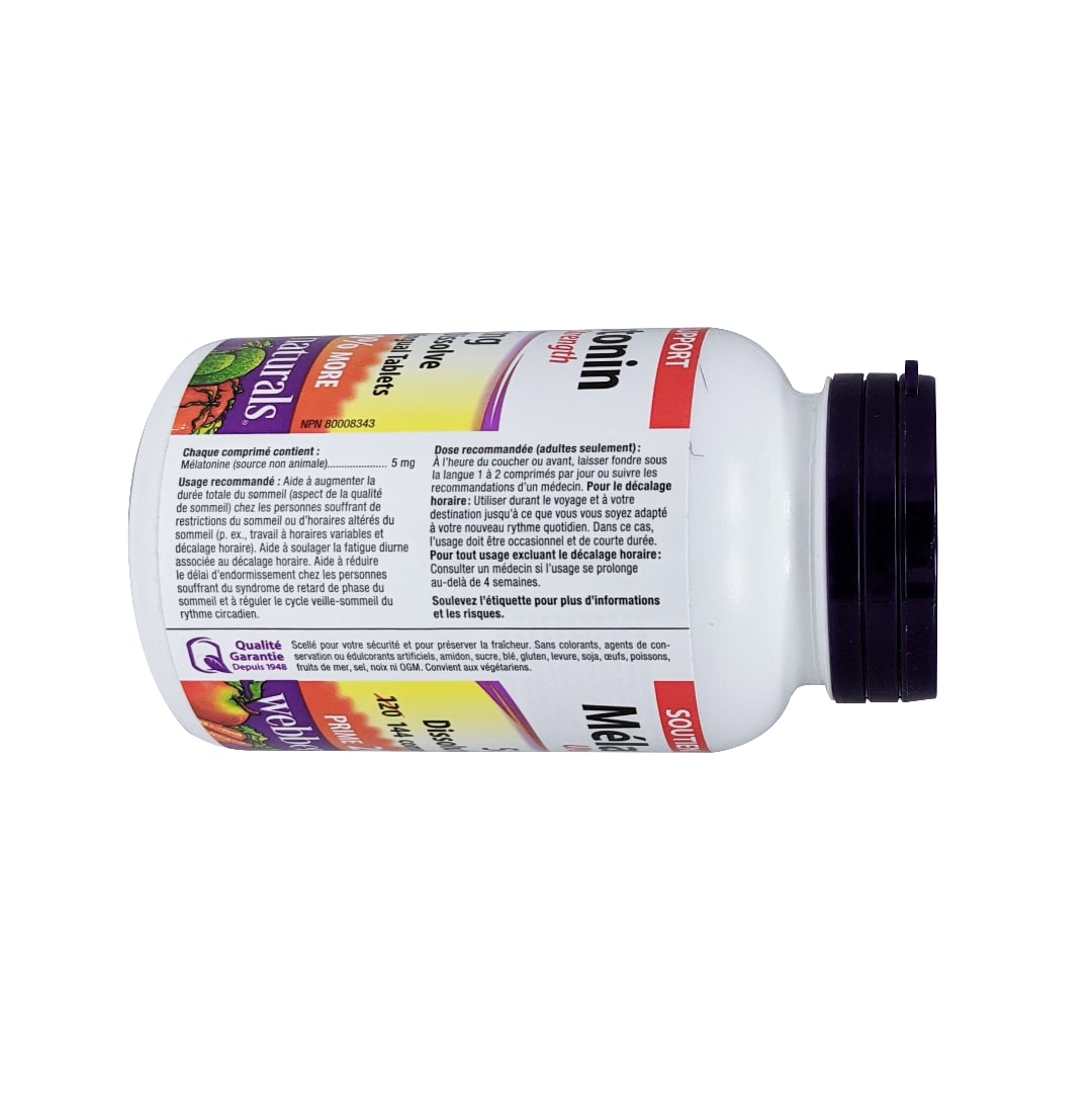 Product details, ingredients, directions for webber naturals Melatonin Extra Strength 5mg 144s in French