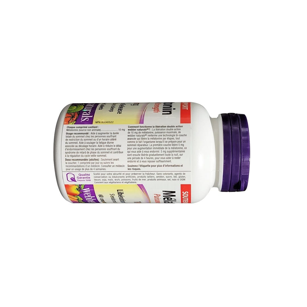 Ingredients, dose, description for webber naturals Melatonin Maximum Strength 10 mg Dual Action Release (60 tablets) in French