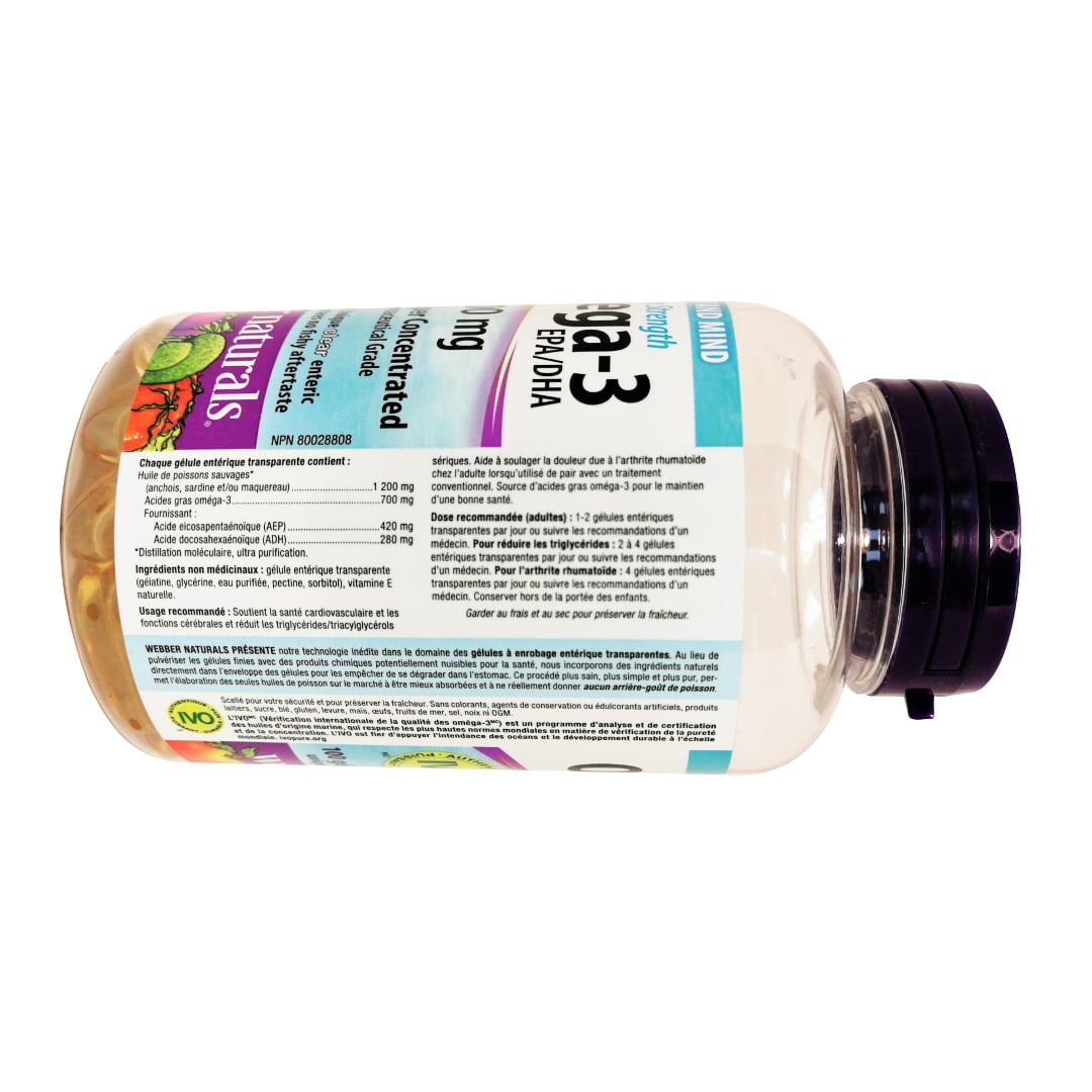 Product ingredients, purpose, and dose for webber naturals Omega-3 Extra Strength 700mg in French