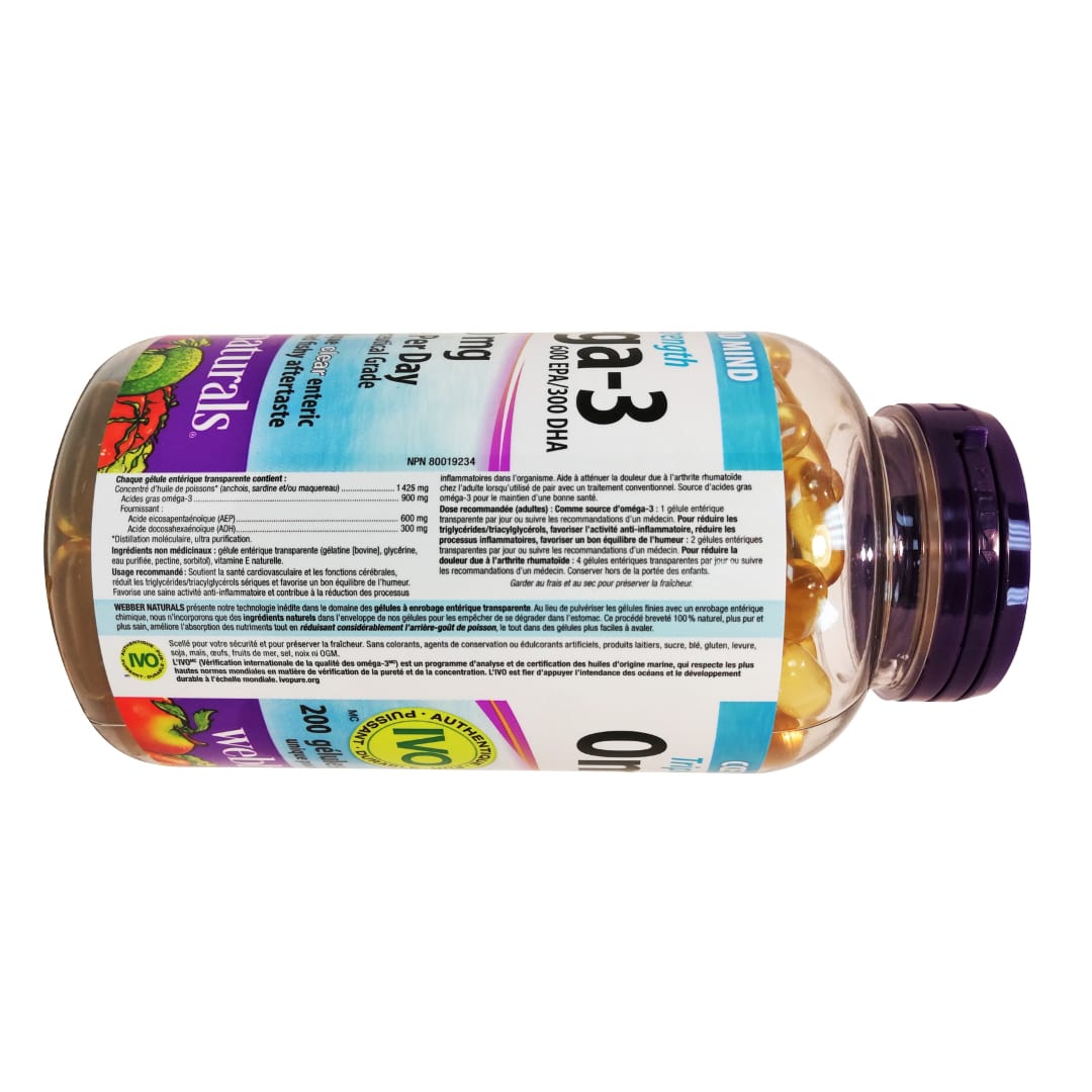 Product details, ingredients, dosage for webber naturals Omega-3 Triple Strength 900mg 200s in French