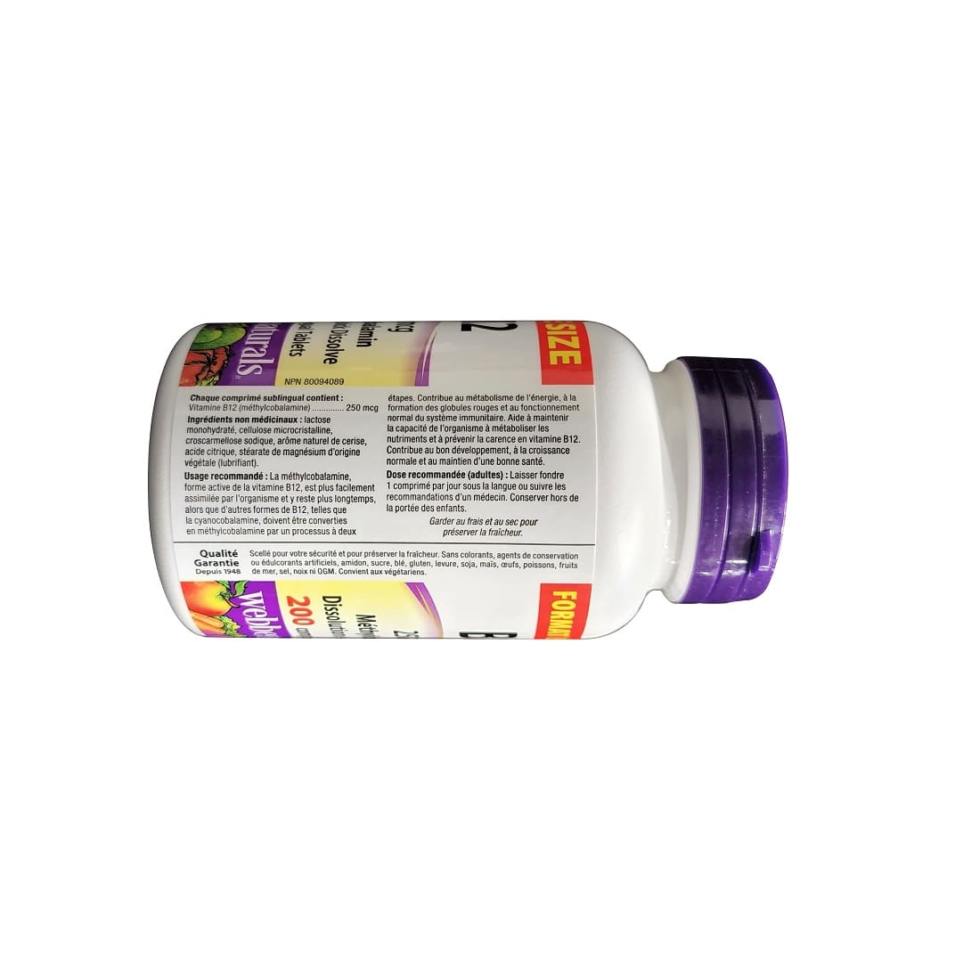 Ingredients, purpose, dose for webber naturals Vitamin B12 250 mcg (200 sublingual tablets) (Value Size) in French