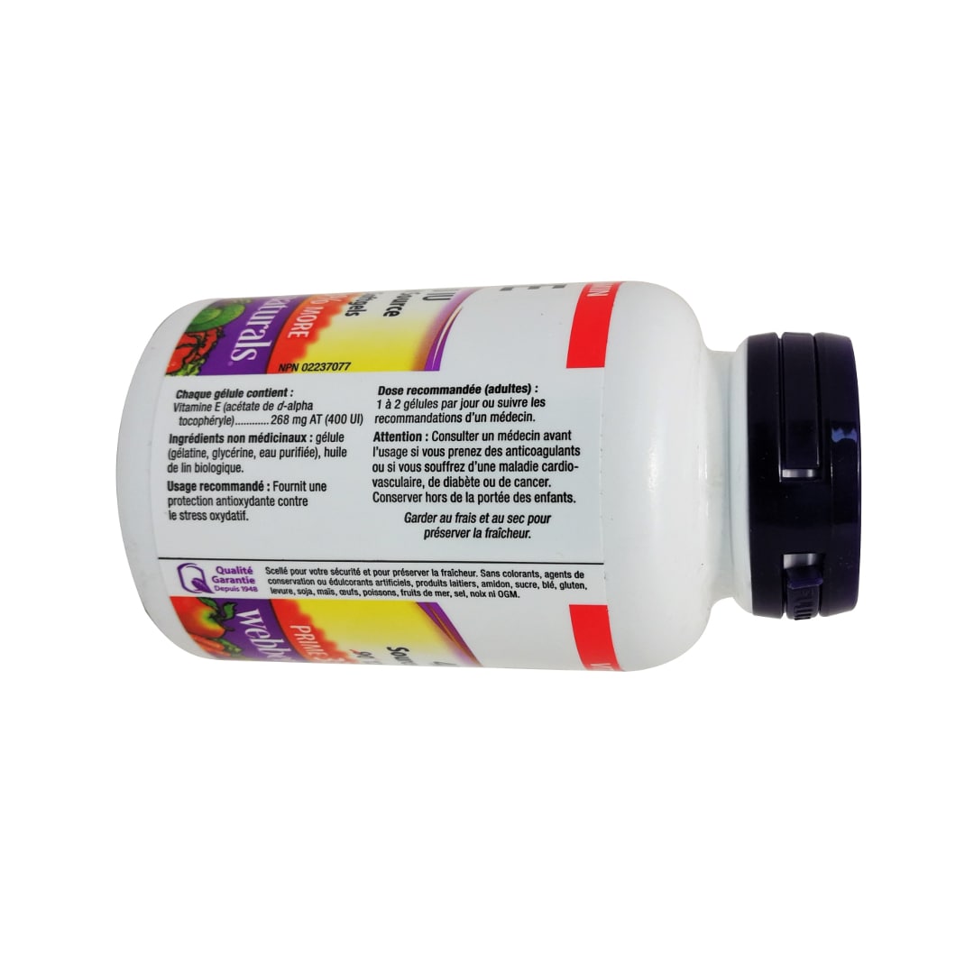 Product details, ingredients, purpose, dose, and cuations for webber naturals Vitamin E 400IU in French