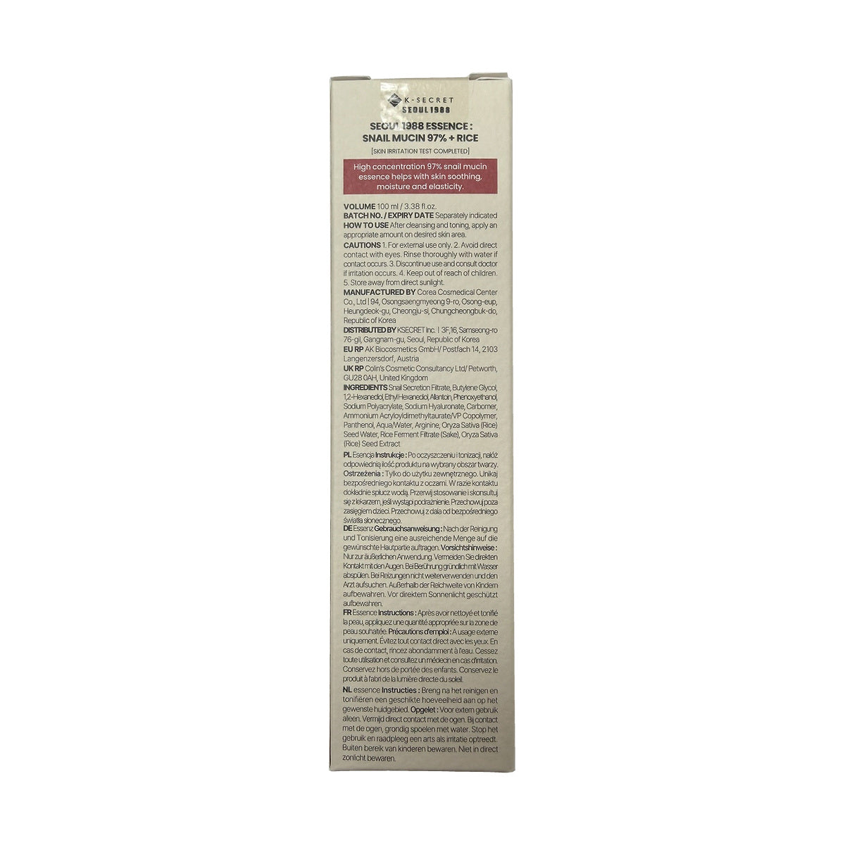 K-SECRET SEOUL 1988 Essence Snail Mucin 97% + Rice (100 mL) — English product information