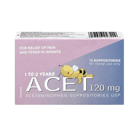Product label for ACET-120 120 mg Suppositories for Children (12 suppositories)