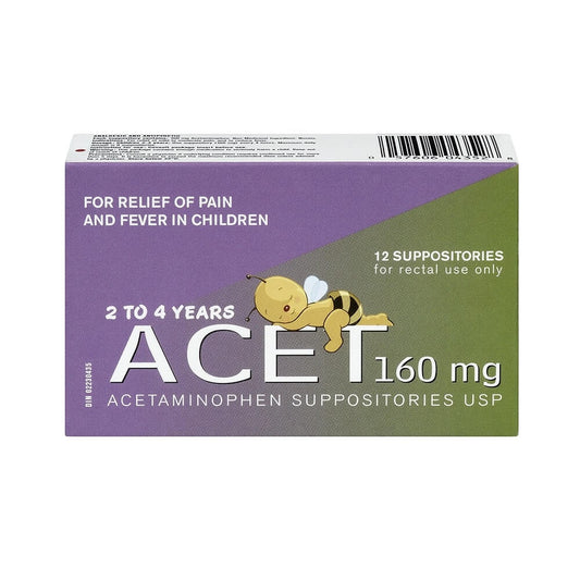 Product label for ACET-160 160 mg Suppositories for Children (12 suppositories) in English